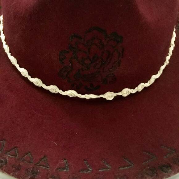 Hand Burned Fedora Ranch Felt Hat with Band Wine Color Country Chic